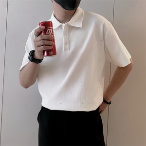 8953/P65控95 夏季社会小伙轻奢Polo衫满天星烫钻翻领短袖男黑首2图片