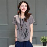 2021年夏季印花常规圆领通勤纽扣动物图案风景麻T恤，女装T恤，丽影随形