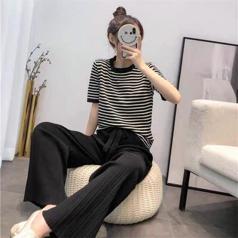 网红针织衫2022秋季很仙的套装女韩版加高腰阔腿裤显瘦两件套装女,女装套装/套裙,潮品会