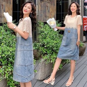 2021夏装新款牛仔裙女韩版夏装蕾丝拼接连衣裙宽松显瘦小个子图片