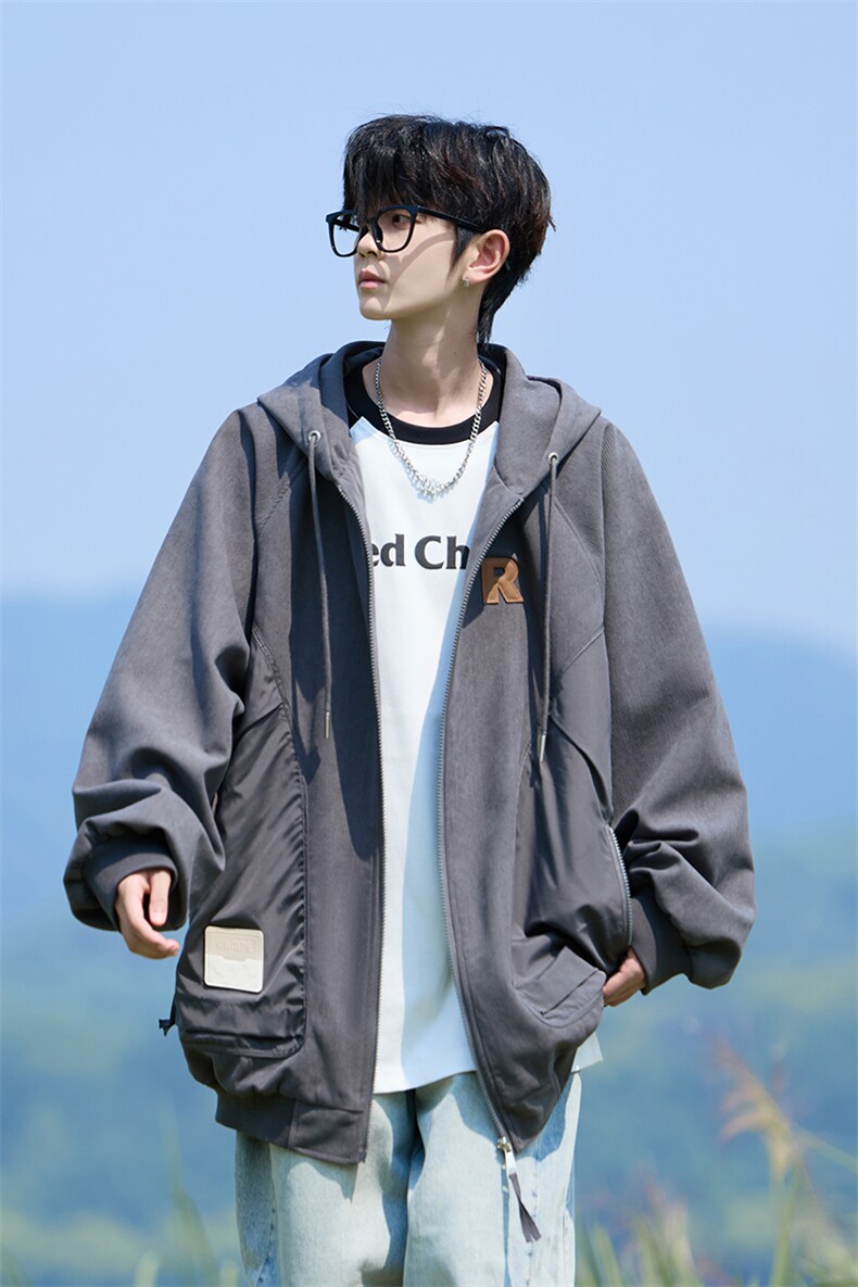 秋冬二开原创港风相机片大码宽松连帽夹克外套男J877P88,男装夹克,电商A029