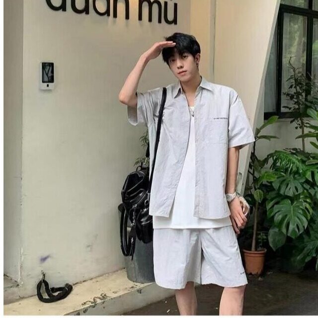 W9790-P58网图现货日系少年感穿搭男生工装套装夏季衬衫短袖,男装T恤,星座1608-2