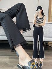 现货2025新款黑色西装微喇裤女显瘦小个子九分蕾丝开叉喇叭裤，女装休闲裤，云美莎专业女裤-全店现货