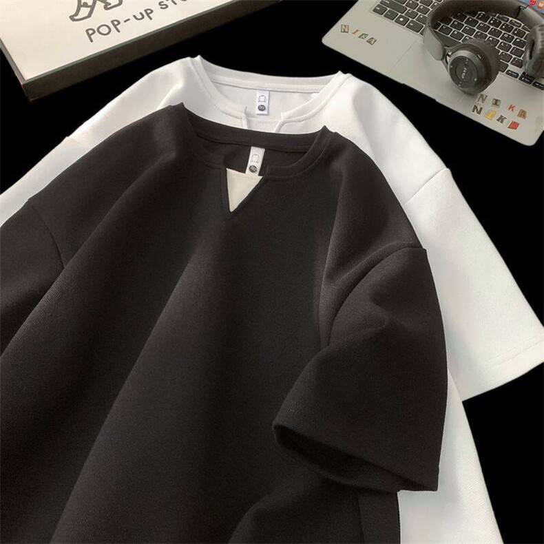 2025夏季美式V领假两件重磅300克短袖宽松版t恤DX2507-P38-控68,男装T恤,电商B208