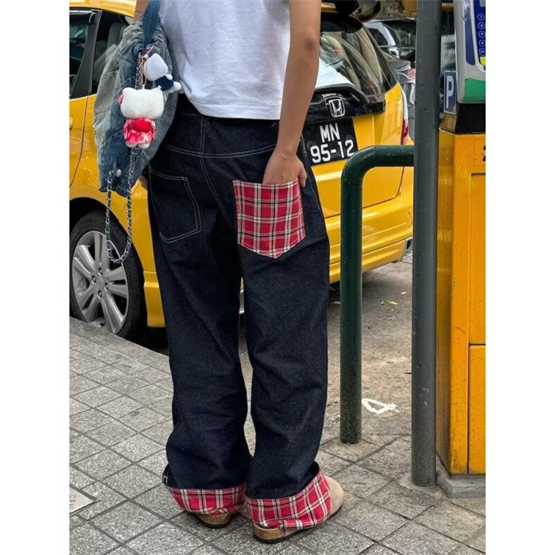 DN0084-特P45美式格子拼接卷边牛仔裤男女阔腿情侣长裤-网图现货,男装牛仔裤,星座603-2