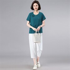 时尚套装2023夏季新款复古t恤上衣棉麻休闲裤亚麻中年妈妈两件套，女装套装/套裙，奕阳依阁