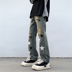 B221美式ins高街小众五角星假破洞小脚牛仔裤LK23027-P65控88，男装牛仔裤，电商B221