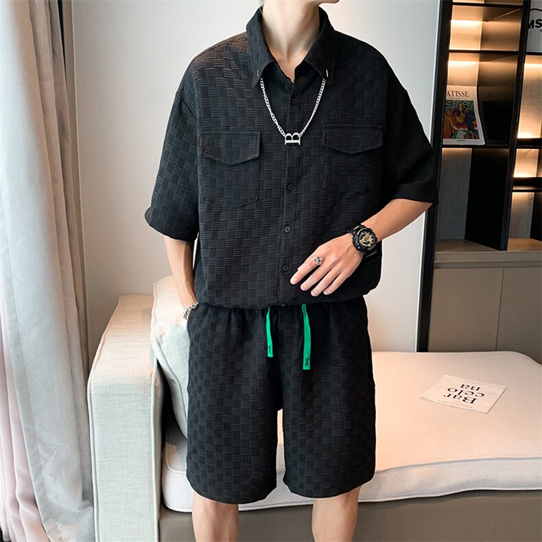 新款衬衫套装短袖短裤两件套搭配一套衣服送链子W3234套装P55,男装衬衫,星座512-2