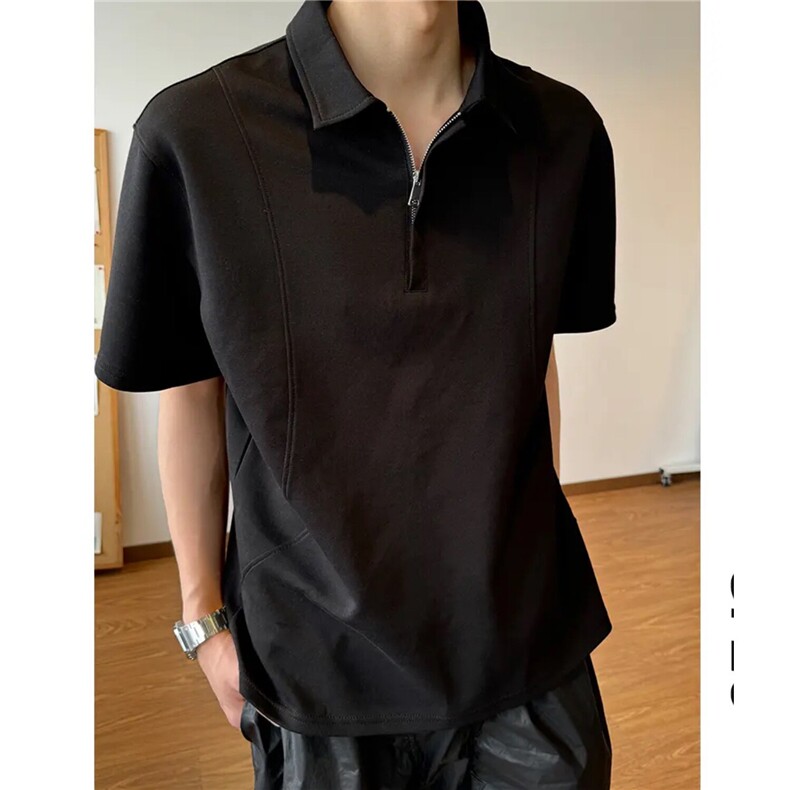 黑色半拉链短袖polo衫男款夏季液氨棉解构翻领t恤高级感痞帅半袖图片