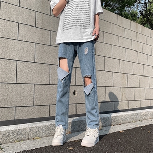 现货 夏季大破洞九分牛仔裤修身浅蓝色乞丐裤子男 K067-P35 控58图片