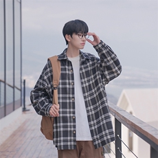 B225-C6048-P62-X78-65%棉35聚酯纤维-复古百搭宽松格子长袖衬衫，男装衬衫，电商B225