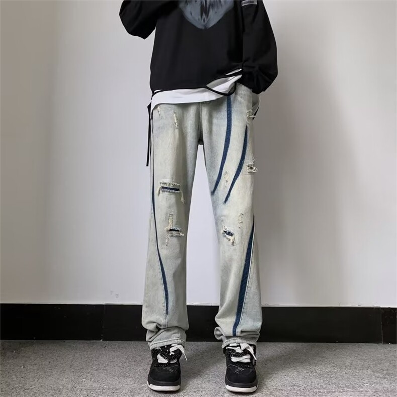 美式牛仔裤男春秋新款休闲直筒裤破洞补丁牛仔裤N239P43,男装牛仔裤,星座1116-2