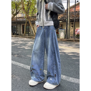 卡通刺绣弯刀牛仔裤男秋冬复古街头宽松水洗阔腿长裤NK077-P58图片