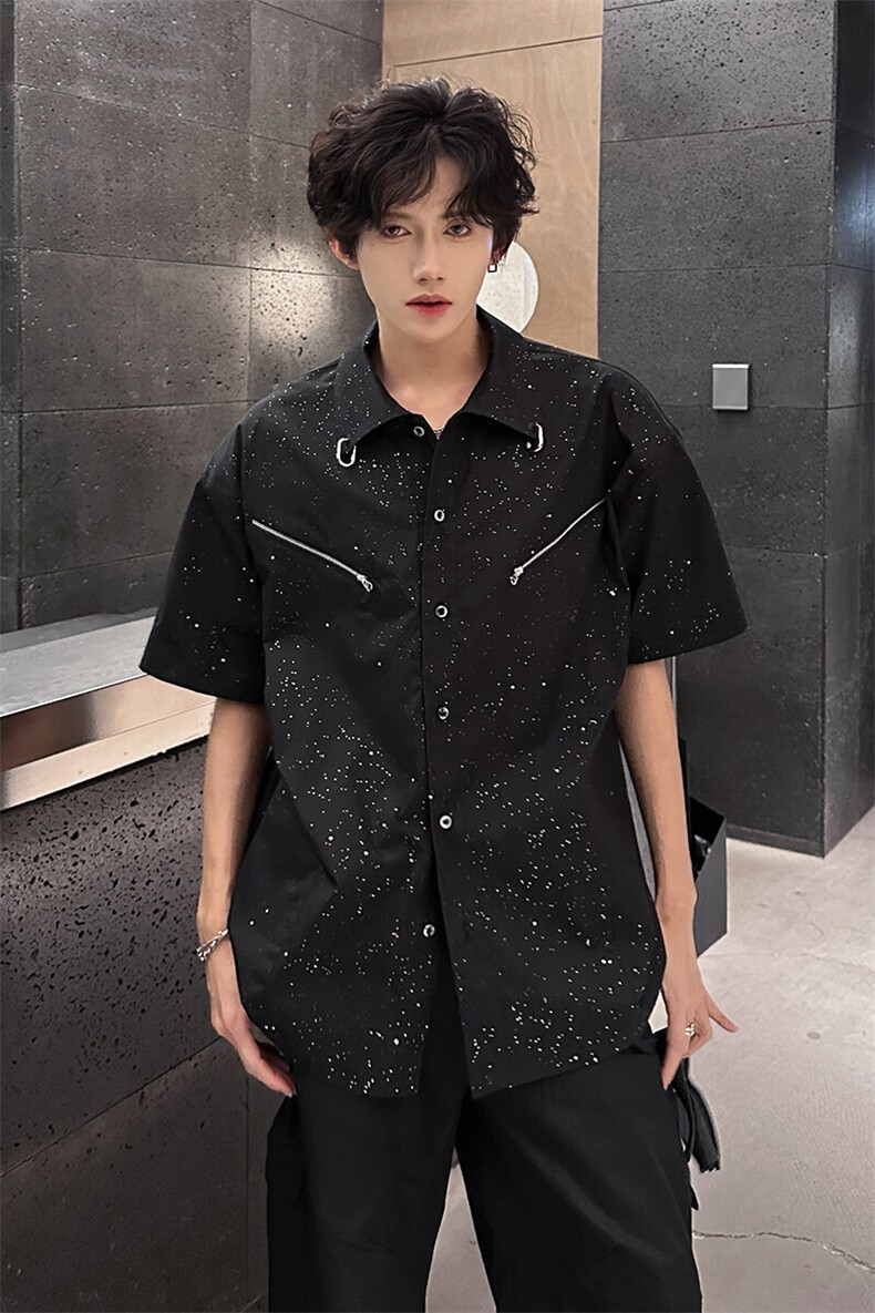 夏季宽松设计款满天星休闲短袖衬衫潮XZ808B-WH036-P52,男装衬衫,星座808B