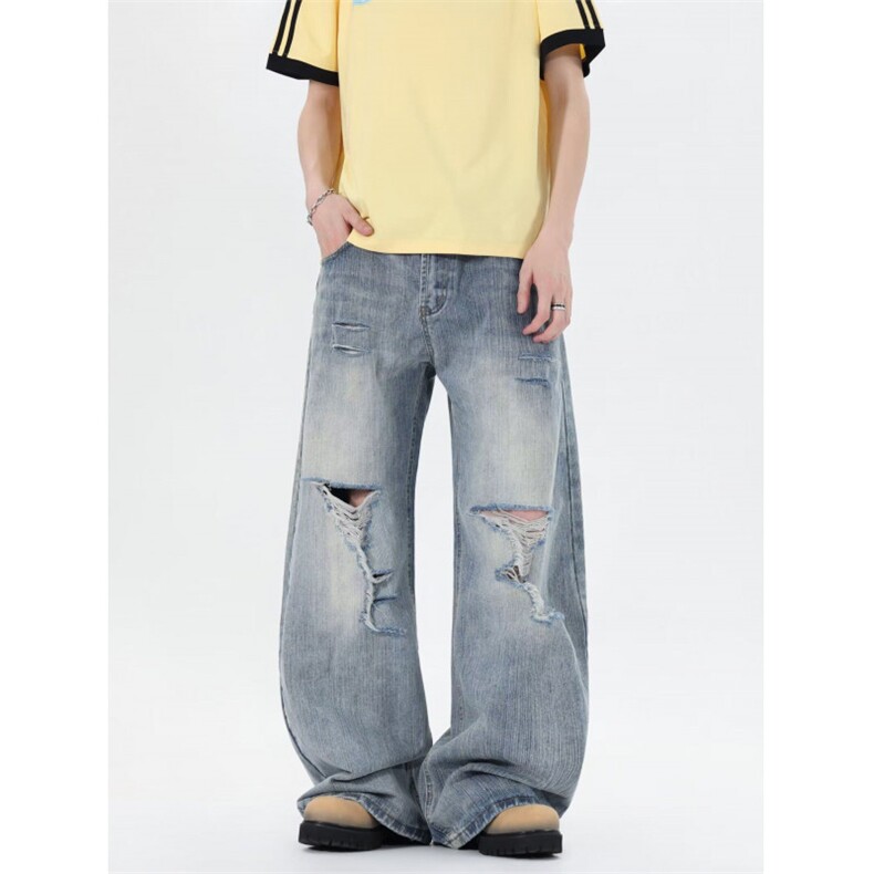 JADEQILIN美式高街破洞cleanfit竹节做旧牛仔裤男女设计感微喇裤，男装牛仔裤，四季星座505