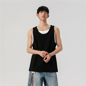 主推 设计感假两件华夫格情侣背心无袖坎肩T恤上衣男H961 特批P23图片