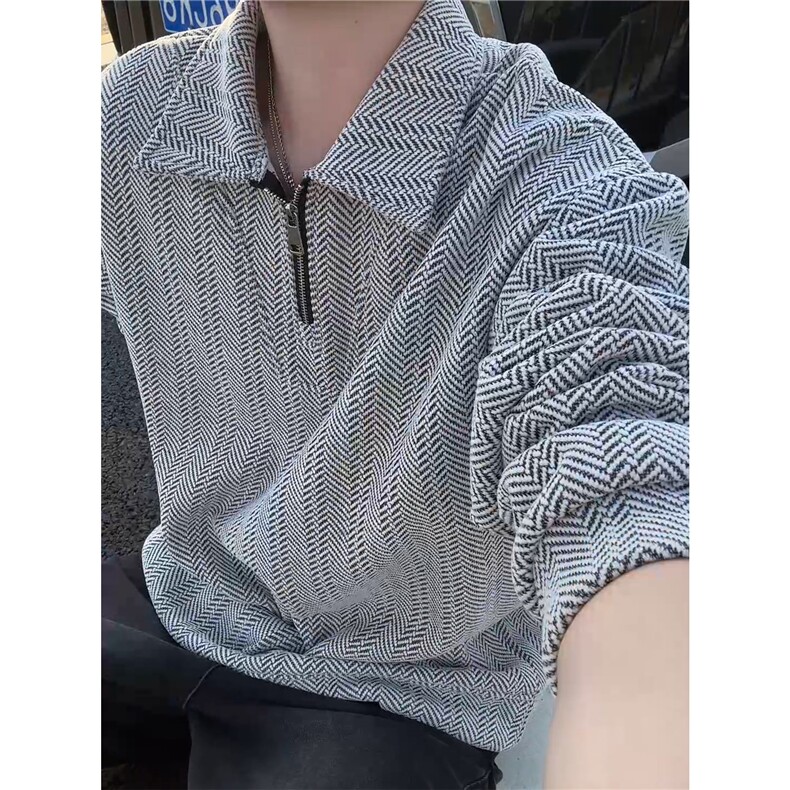 雪尼尔满天星半拉链翻领卫衣大码高级Polo衫外套LW610特P50加绒60,男装Polo衫,电商B215