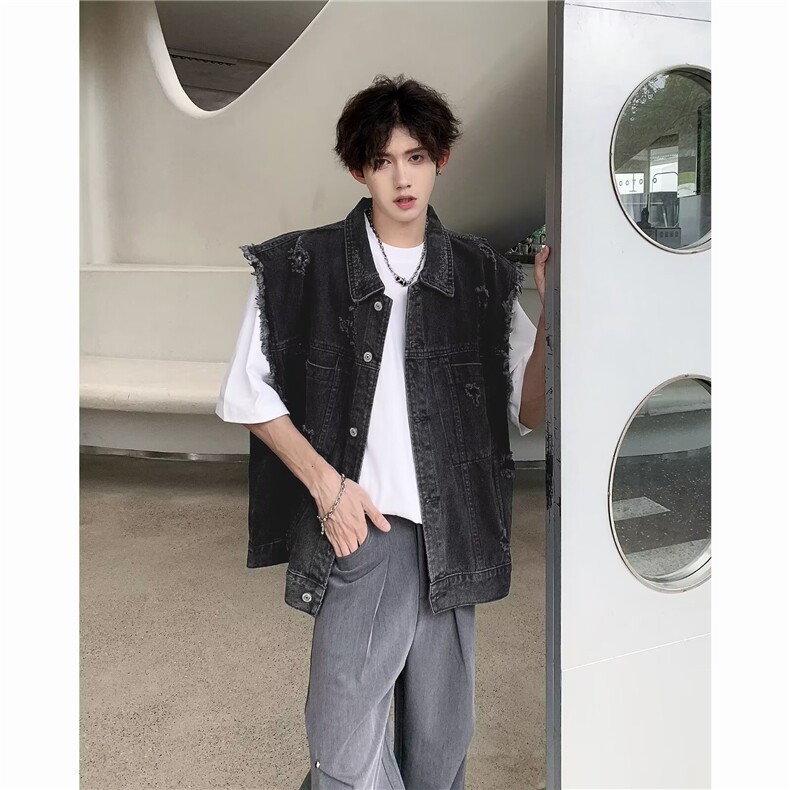 2025早秋款复古毛边牛仔马甲水洗磨破坎肩背心夹克A025-N30-P58,男装背心/马甲,电商A025