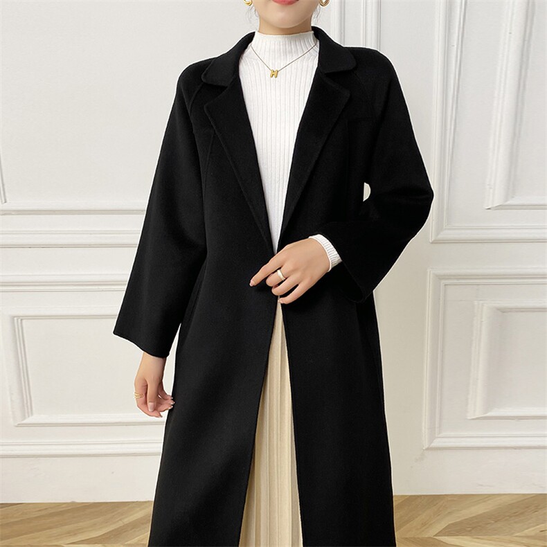 时尚百搭女士羊毛双面呢大衣显瘦修身长款外套优雅气质黑色风衣，女装双面呢大衣，赛欧妮