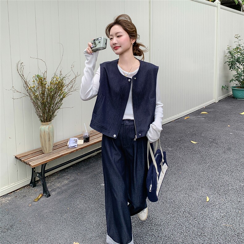 巨好看牛仔马甲条纹阔腿裤套装女春秋俏皮活泼两件套韩系绝美减龄,女装套装/套裙,浙宝069
