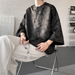 8XL-M风蝴蝶t恤大码唐装新中式七分袖棉麻冰丝短袖DX1208P48图片