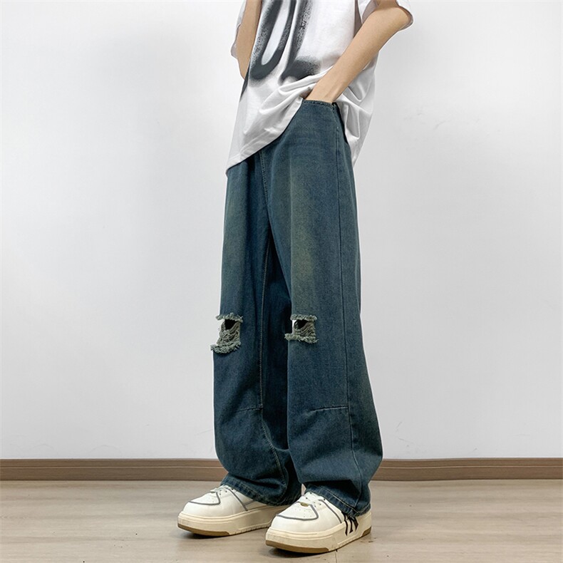 破洞牛仔裤男直筒宽松欧美高街vibe风长裤子N06118-P45，男装牛仔裤，星座308B-2
