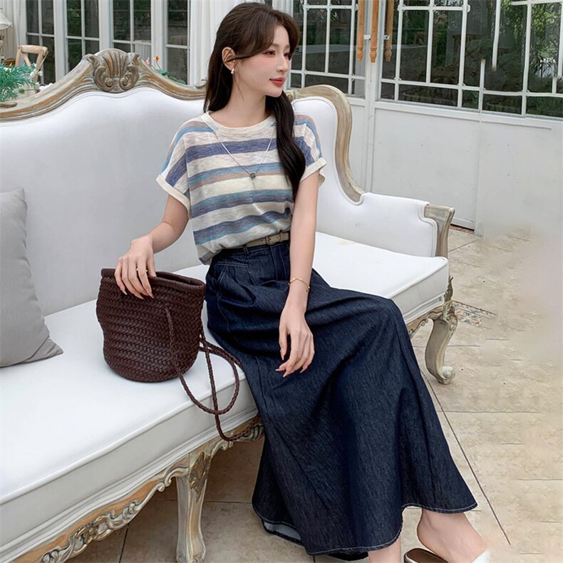 2025年夏季新款时尚宽松休闲牛仔裙两件套,女装套装/套裙,心心服饰