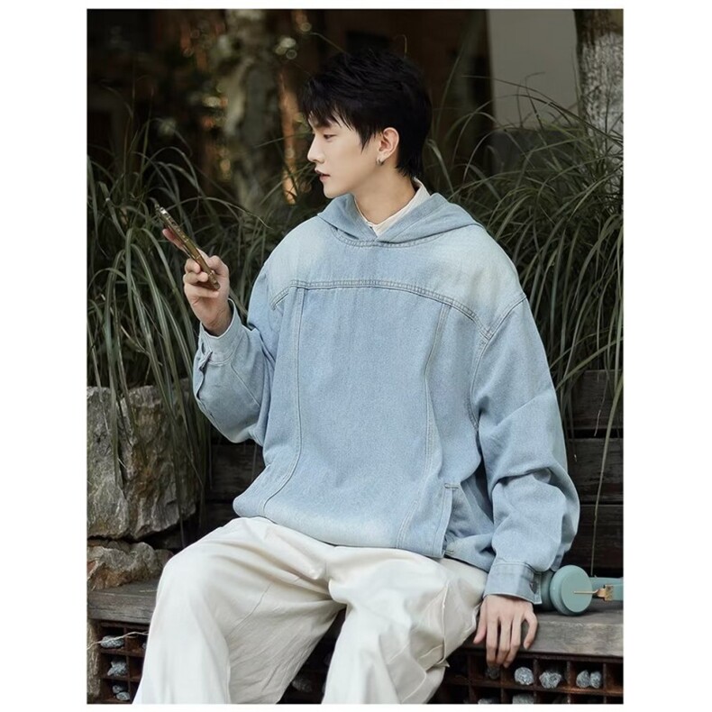 牛仔卫衣男连帽春美式重磅硬挺oversize潮牌慵懒chic外套A008/P68,男装卫衣,星座506
