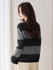 100%细羊毛慵懒针织衫春秋打底长袖女条纹大码宽松亲肤蝙蝠袖毛衣，女装羊毛衫，艾米