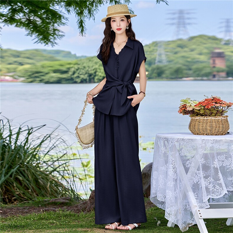 蕾丝拼接V领短袖高腰阔腿裤两件套,女装套装/套裙,鑫鑫美