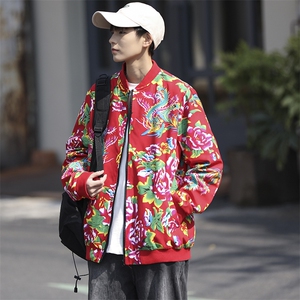 Y203秋冬棒球领开衫夹克外套大码团队服新中式表演出汉服开衫潮男图片
