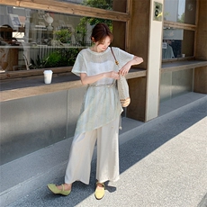 冷淡系松弛感罩衫阔腿裤套装女2025夏新款韩系气质收腰显瘦两件套，女装套装/套裙，2C029