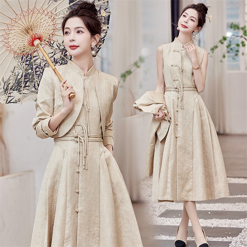 新中式国风连衣裙套装女2024春秋季新款气质高腰修身背心裙两件套，女装套装/套裙，芷墨服饰