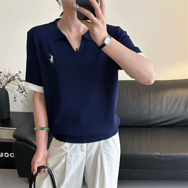 夏季新款女士简约时尚舒适两色翻领短袖,女装T恤,萱芳婷羊绒