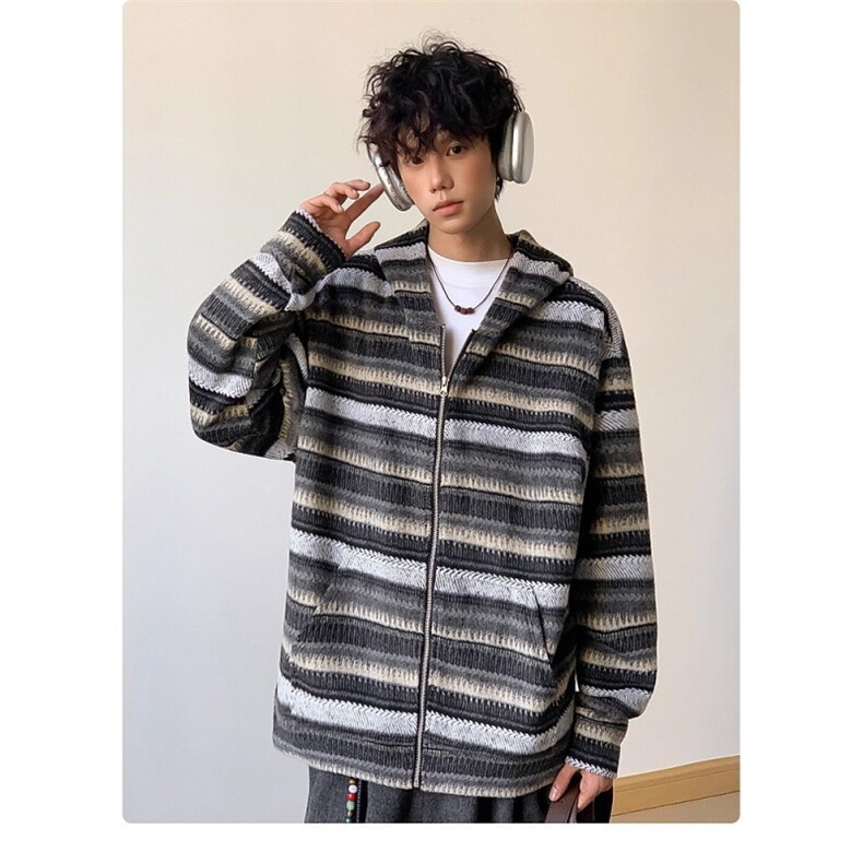 美式复古毛呢条纹开衫连帽卫秋冬季衣外套男士慵懒风情侣休闲帽衫,女装短外套,星座506A