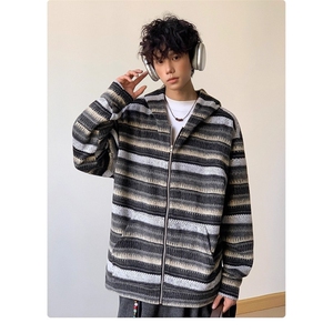 美式复古毛呢条纹开衫连帽卫秋冬季衣外套男士慵懒风情侣休闲帽衫图片
