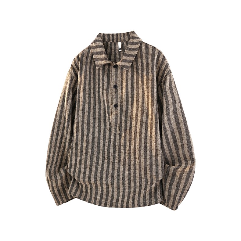 S-3XL 复古条纹半开领长袖衬衫上衣宽松慵懒休闲衬衣男CS534P48图片