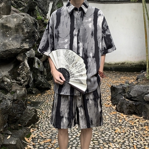 夏款男套装扎染印花短袖衬衫短裤冰丝风喷墨套装TZ061 P55图片