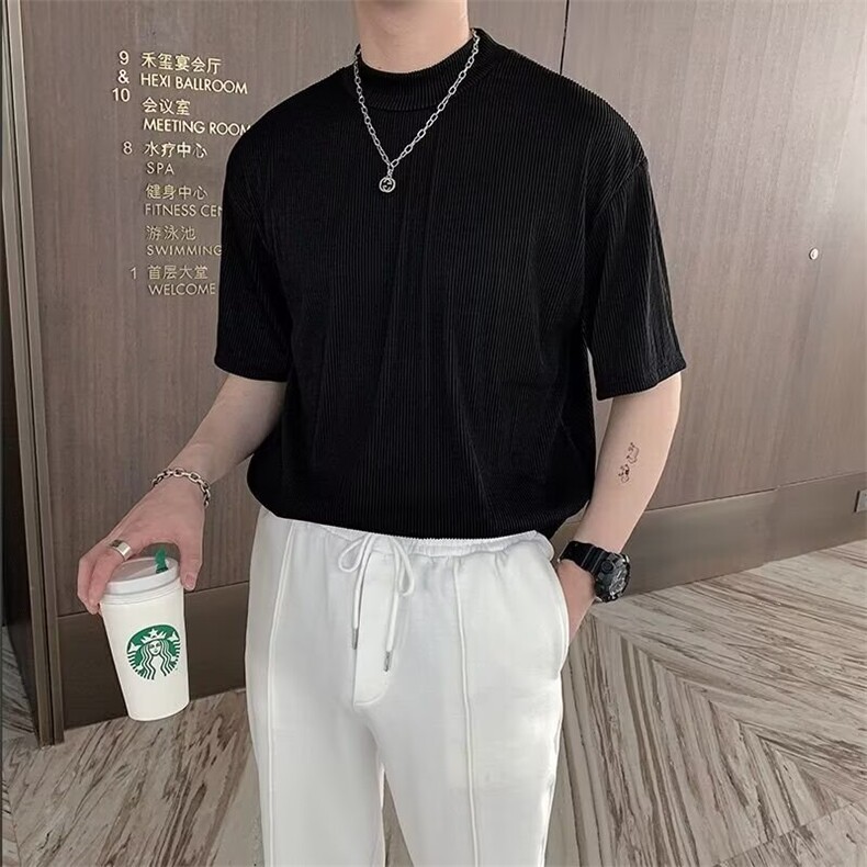 夏季运动短袖速干T恤健身衣服男纯色螺纹圆领宽松休闲撸铁训练服图片