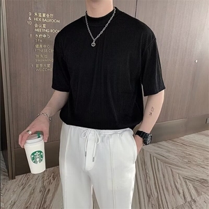夏季运动短袖速干T恤健身衣服男纯色螺纹圆领宽松休闲撸铁训练服图片