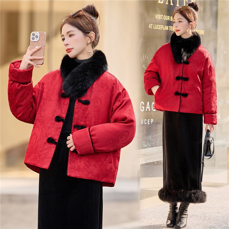 《现货》2025年冬季新中式高档真狐狸毛90羽绒服厚款保暖提花上衣，女装羽绒服，众宇琦