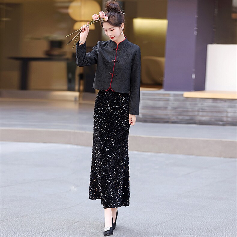 新中式国风提花盘扣外套女2025春秋新款修身气质改良唐装短款上衣,女装套装/套裙,罗腾