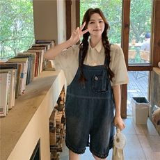 韩系小清新休闲牛仔背带裤套装女夏新款学院风减龄印花衬衫两件套，女装套装/套裙，2C120