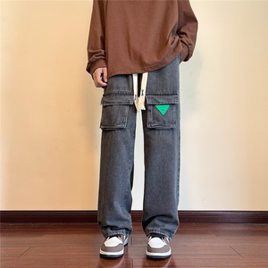 工装牛仔裤男青少年小众设计感口袋港风ins宽松直筒阔腿休闲长裤图片