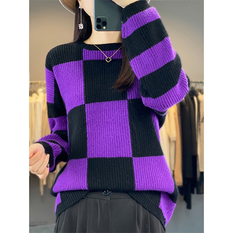 新款圆领拼接撞色针织衫女秋冬新款宽松显瘦纯色羊毛衫，女装羊毛衫，佑昭祥羊绒