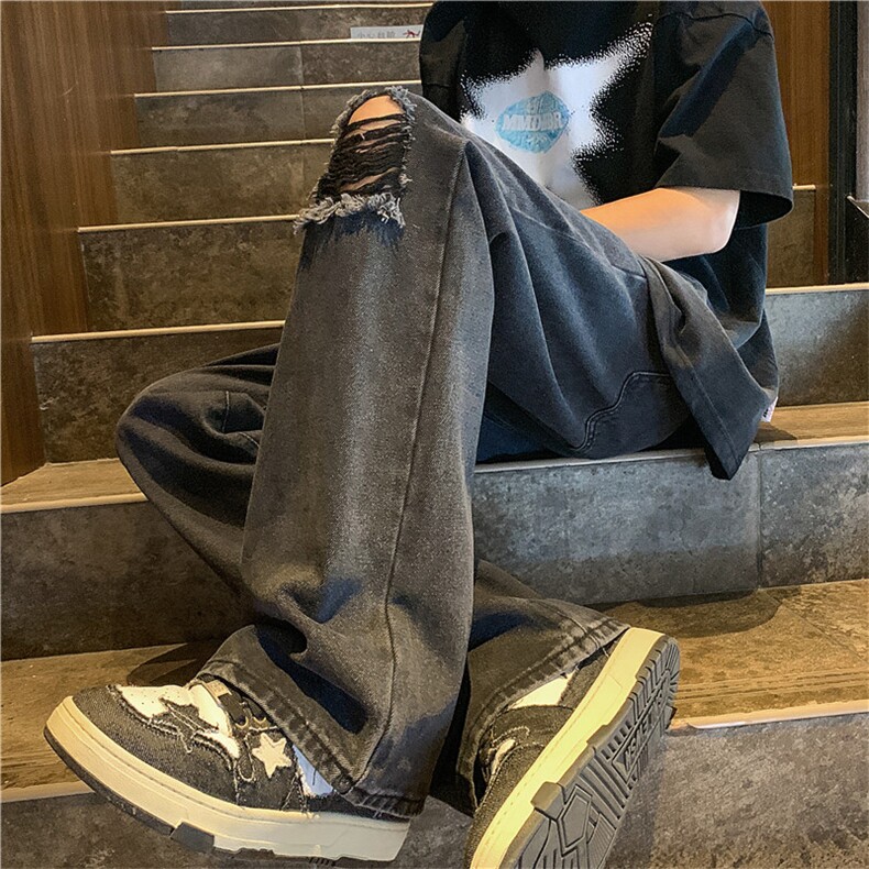 牛仔裤男夏季薄款美式高街vibe风破洞宽松直筒休闲裤N07140-P45,男装牛仔裤,星座308B-1