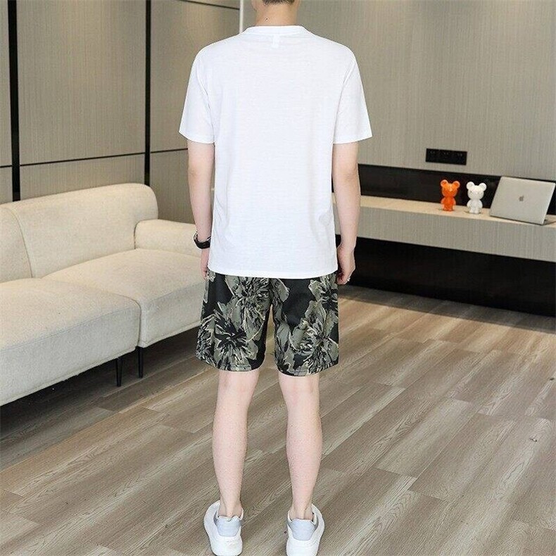 24347-P65夏季休闲T恤短裤男两件套欧货潮牌修身圆领短袖T恤套装,男装休闲套装,电商D310B-1