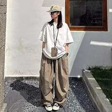 日系风格穿搭户外休闲工装裤男女美式复古纯色简约褶皱垂感阔腿裤，男装工装外套，星座1210-1