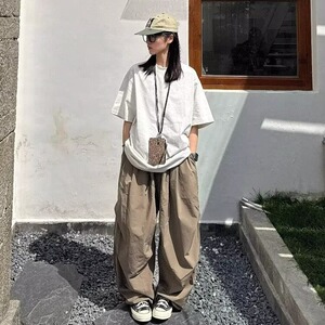 日系风格穿搭户外休闲工装裤男女美式复古纯色简约褶皱垂感阔腿裤图片