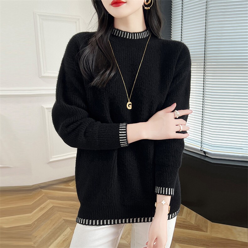 2024秋冬纯色圆领套头宽松长袖羊毛衫女慵懒风针织衫，女装羊毛衫，蒙特羊绒